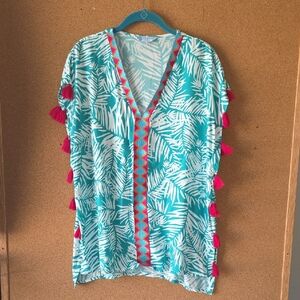 Escapada Living Palm Print Tassel Trim Top L Green Pink Resort Boho Embroidery